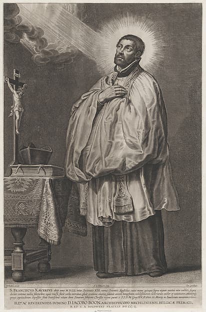 Saint Francis Xavier with a divine light emanating towards him from the upper left, with a crucifix, mitre, and book on a table at left, by Schelte Adams à Bolswert