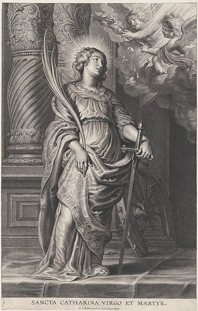Saint Catherine holding palm leaves and a sword, two putti overhead holding a laurel, by Schelte Adams à Bolswert