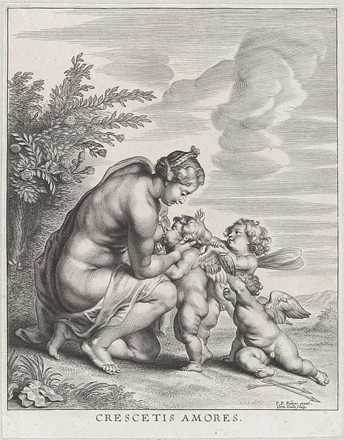 Venus nursing three Cupids in a landscape, by Cornelis Galle II