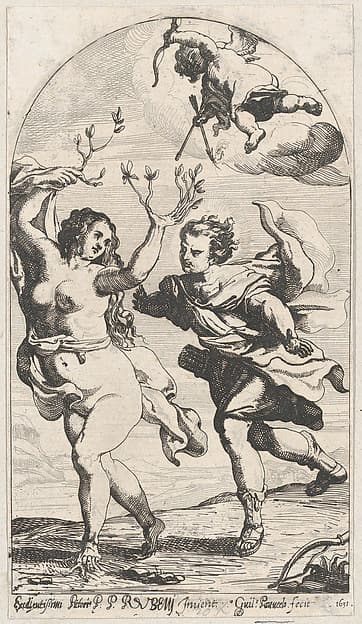 Daphne fleeing from Apollo, with Cupid overhead, by Willem Panneels