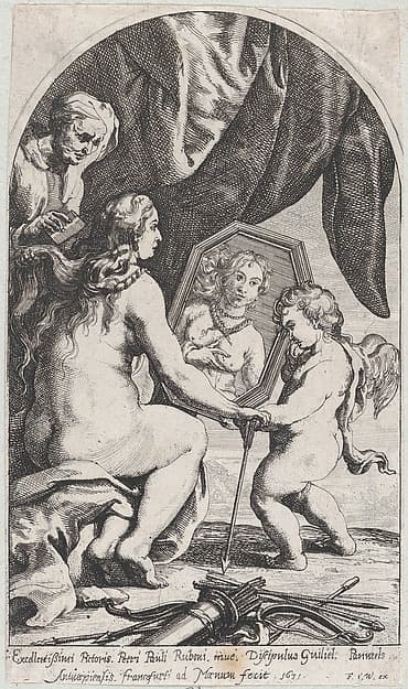 Venus before a mirror held by Cupid while her hair is combed by an old woman, by Willem Panneels