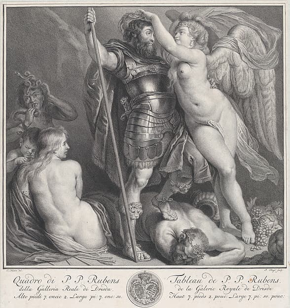 Hero crowned by Victory, who places a laurel wreath on his head, Venus and Cupid at left, Envy at left in the background, Silenus on the ground, under the hero's foot, by Pieter Tanjé