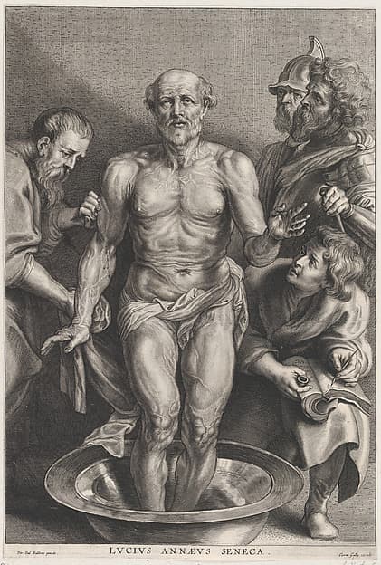 The Death of Seneca, standing at center with his feet in a basin of water, supported by a disciple at left while another takes down his last words at right, by Alexander Voet II