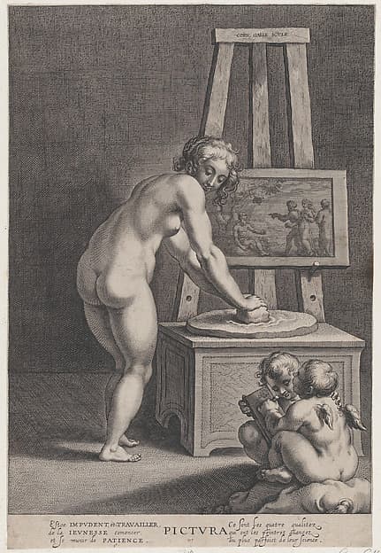 Pictura: allegory of painting, with a nude woman at center grinding pigments, two putti drawing at lower right, by Cornelis Galle I