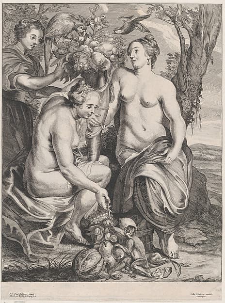Allegory of abundance: Ceres holding a cornucopia at right and Pomona at left feeding fruit to a monkey, by Theodor van Kessel