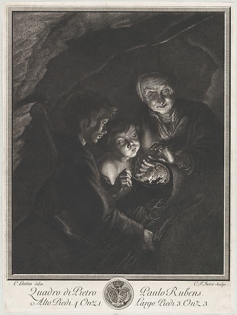 Night scene in a cave with an old woman holding burning coals in a pot, a boy blowing into the fire at left, by Christian Friedrich Boetius