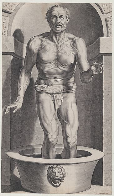 Seneca at the bath, standing in a niche with his feet in a basin, by Cornelis Galle I