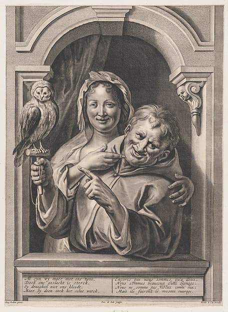 A Fool with an Owl and a Woman at a Window, by Pieter de Jode II