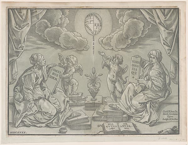 Allegory of a thesis, two women hold inscribed tablets, by Bartolomeo Coriolano