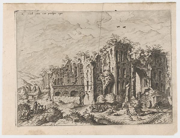 Massive Ruins with Many Figures in the Foreground, from "Roman Ruins and Buildings", by Johannes van Doetecum I