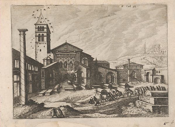 City with a Column and a Church, from "Roman Ruins and Buildings", by Johannes van Doetecum I