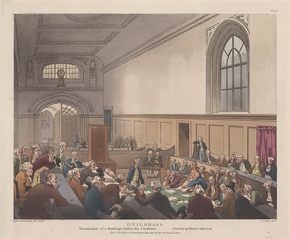 Guildhall, Examination of a Bankrupt before his Creditors, by Thomas Rowlandson