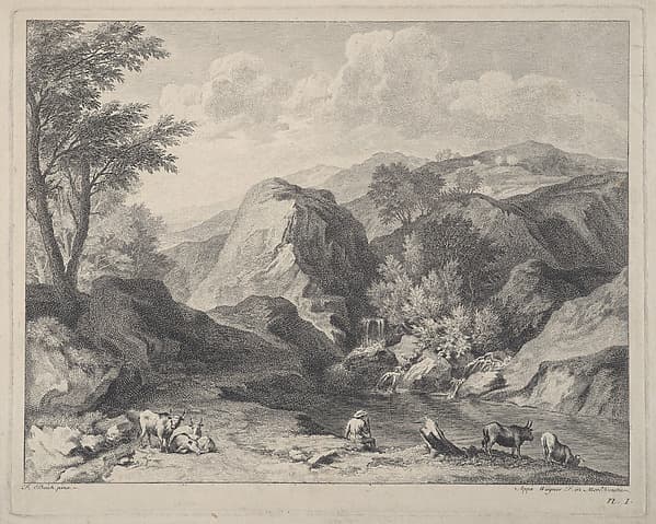 Mountainous landscape with herdsmen and cows, by Joseph Wagner