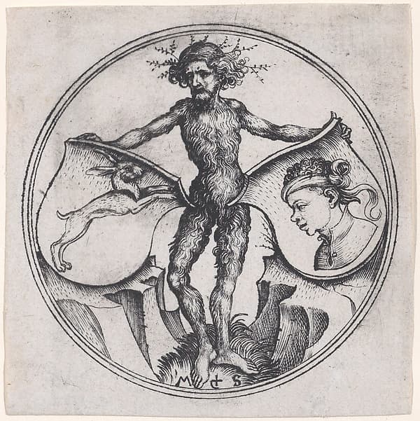 Wild Man Holding a Shield with a Hare and a Shield with a Moor's Head, by Martin Schongauer