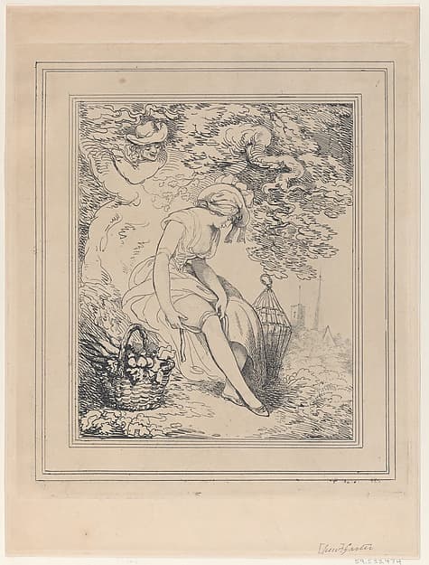 Girl with a Basket and Birdcage Adjusting Her Garter, by Thomas Rowlandson