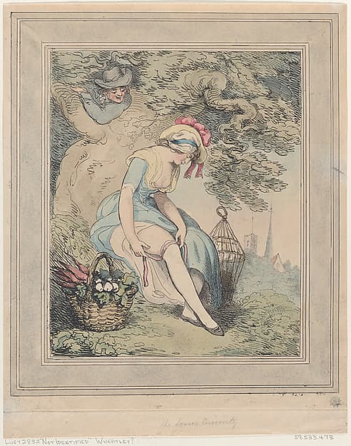 Girl with a Basket and Birdcage Adjusting Her Garter, by Thomas Rowlandson