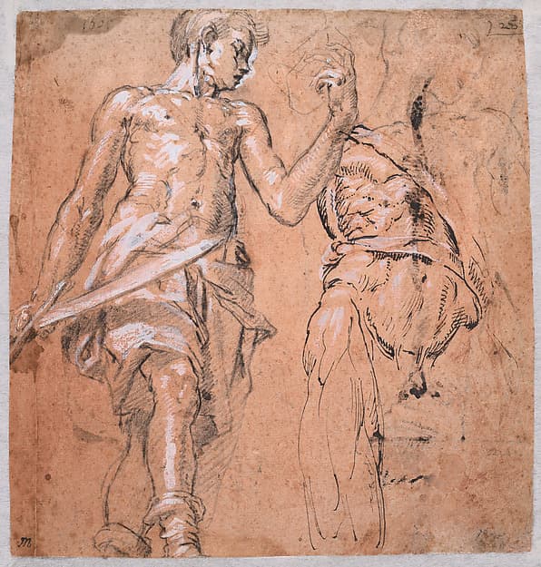 Two studies of a Standing Man with a Sword (Alexander the Great); verso: Studies of a Leg, an Arm, a Hand, and a Figure's Neck, by Peter Candid (Pieter de Witte, Pietro Candido)