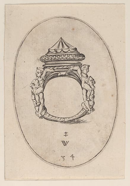 Design for a Ring with a Large Faceted Gemstone, Plate 34 from 'Livre d'Aneaux d'Orfevrerie', by Pierre Woeiriot de Bouzey II