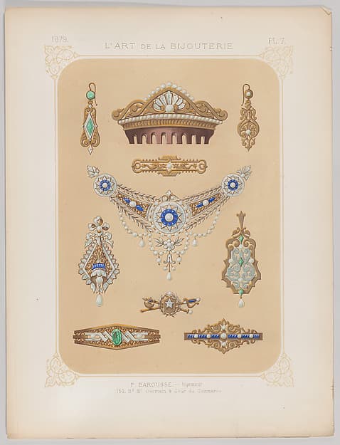 Jewelry Designs in Gold, Diamonds and Other Precious Stones, Plate 7 from "L'Art de la Bijouterie", by Jean Francois Barousse