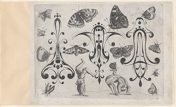 Blackwork Designs with Acrobats, Butterflies and Other Insects, Plate 3 from a Series of Blackwork Ornaments combined with Figures, Birds, Animals and Flowers, by Meinert Gelijs