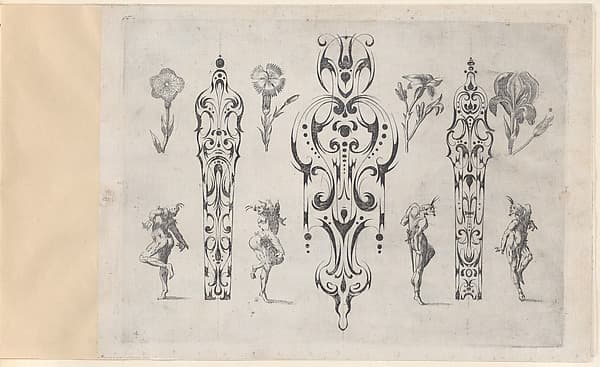 Blackwork Designs with Flowers and Commedia dell'Arte Figures, Plate 4 from a Series of Blackwork Ornaments combined with Figures, Birds, Animals and Flowers, by Meinert Gelijs