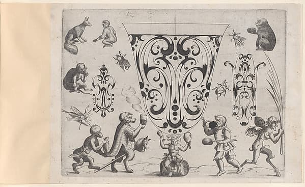 Blackwork Designs with Birds and Insects, Plate 7 from a Series of Blackwork Ornaments combined with Figures, Birds, Animals and Flowers, by Meinert Gelijs