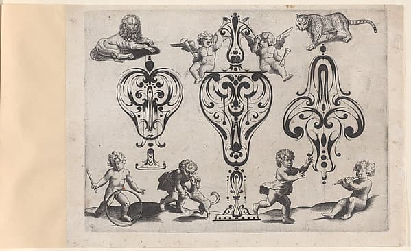 Blackwork Designs with Putti and Felines, Plate 8 from a Series of Blackwork Ornaments combined with Figures, Birds, Animals and Flowers, by Meinert Gelijs
