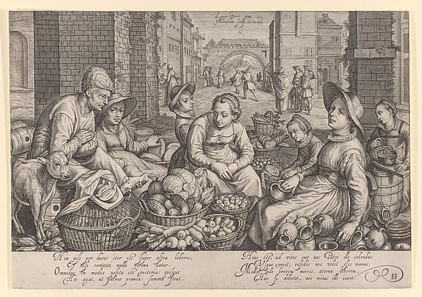 Market Scene in City with the Parable of the Laborers in the Vineyard in the Background, by Jacob Matham