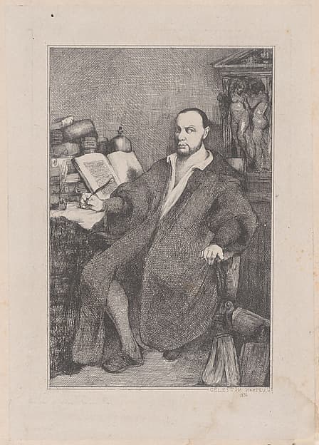 Seated Man with Quill in his Right Hand at Desk Littered with Books, by Célestin Nanteuil