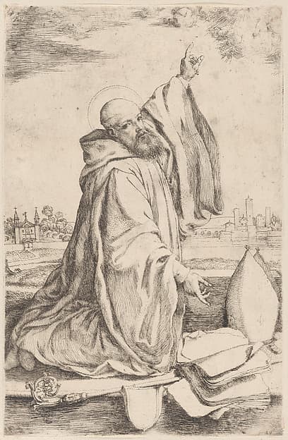 A sainted bishop of the Benedictine order kneeling towards the right and pointing at the heavens, by Giuseppe Caletti, called Cremonese