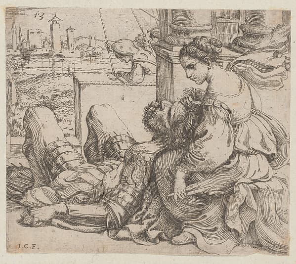 Delilah holding Samson's hair and a pair of scissors, by Giuseppe Caletti, called Cremonese