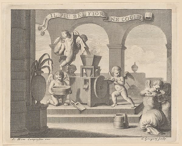 She gathers the fairest flower (Il più bel fior ne coglie), a group of six putti working together in an arched workshop, by Carlo Gregori