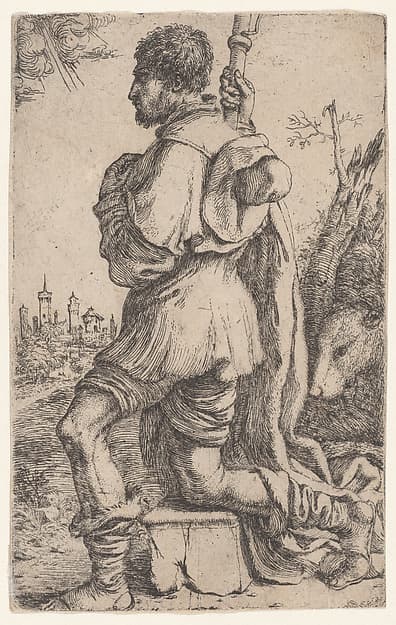 Saint Roch, kneeling on a stone, seen from the side with his dog behind him and a townscape in the background at left, by Giuseppe Caletti, called Cremonese