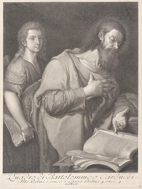 Saint Matthew, standing before a book at right with a hand on his chest, another man behind him at left, by Carlo Faucci