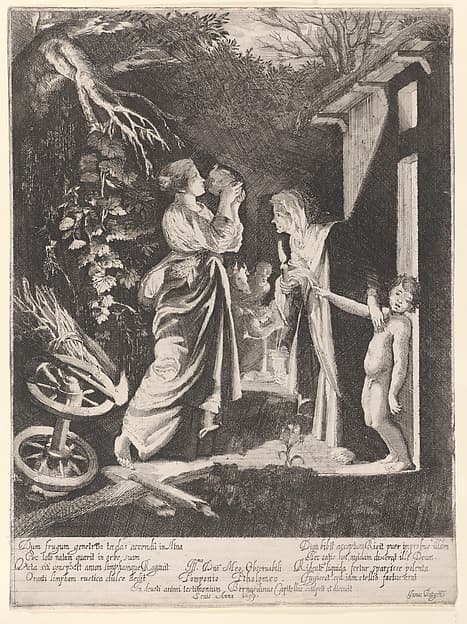 The Mocking of Ceres: a nocturnal scene with Ceres drinking from a jug of water given to her by Stellio at right, by Bernardino Capitelli