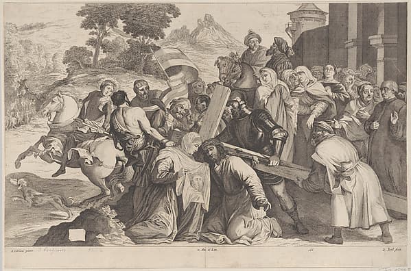 Road to Calvary, at center Veronica kneels before Christ and holding the Sudarium, by Coryn Boel