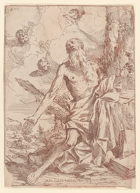 Saint Jerome kneeling beside a tree with his arms outstretched, by Giulio Carpioni