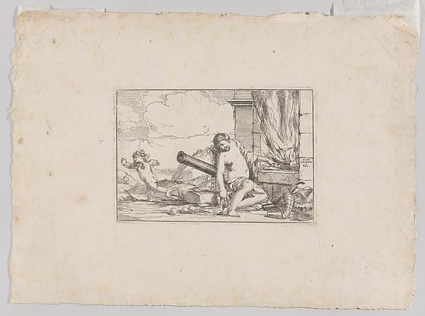 Fire, represented by Venus seated before Vulcan's forge, with armor, a cannon, and cannon balls surrounding her, she turns her head toward Cupid, who stretches his body away from her, from "The Elements", by Giulio Carpioni