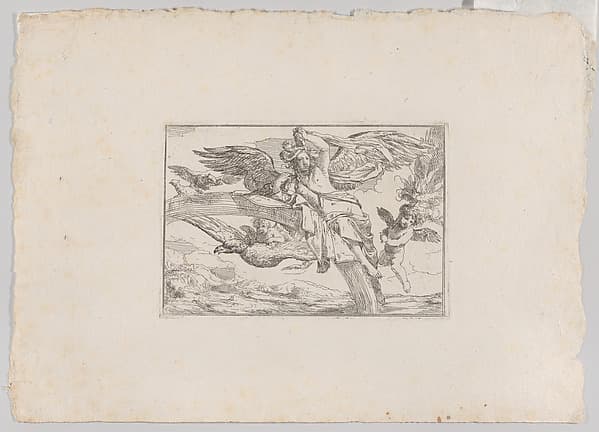Air, represented by Iris reclining on her rainbow, accompanied by a winged putto bearing a torch and another winged putto riding an eagle, from "The Elements", by Giulio Carpioni