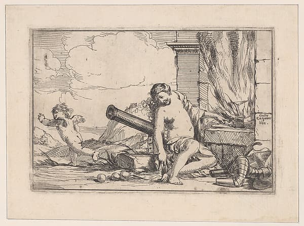 Fire, represented by Venus seated before Vulcan's forge, with armor, a cannon, and cannon balls surrounding her, she turns her head toward Cupid, who stretches his body away from her, from "The Elements", by Giulio Carpioni