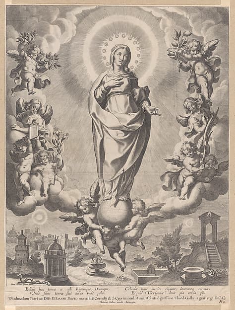 The Virgin in Glory, standing on clouds and surrounded by angels holding the symbols of the Immaculate Conception, by Cornelis Galle I