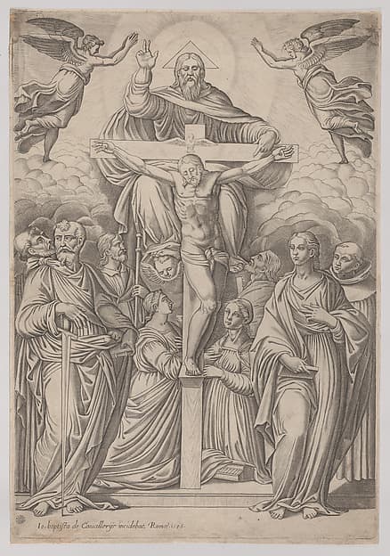 The Trinity, with the crucifixion at center and saints to both sides, by Giovanni Battista Cavalieri