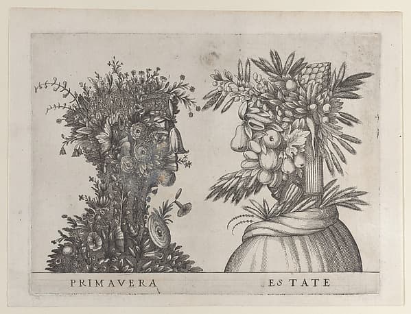 Spring and Summer: two heads made from flora typical of those seasons, by Anonymous, Italian, 16th to early 17th century