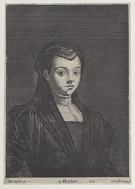 Portrait of a woman in black, with her hair covered by a headdress and a dark veil, by Lucas Vorsterman II