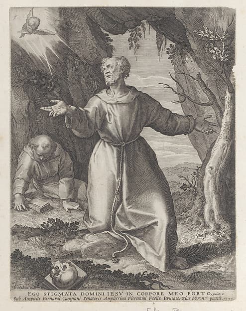 Saint Francis kneeling with his arms outstretched, looking towards a cherub at upper left, by Raphael Sadeler I