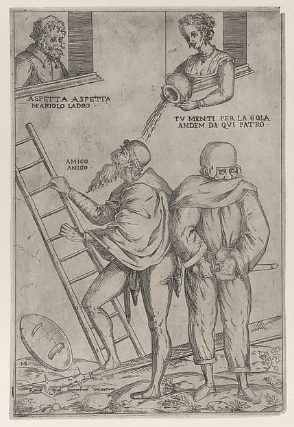 A man climbs a ladder while a woman throws water on him from above, by Giovanni Ambrogio Brambilla