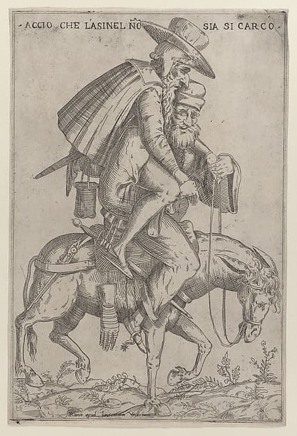 Caricature with two men on a mule, by Giovanni Ambrogio Brambilla