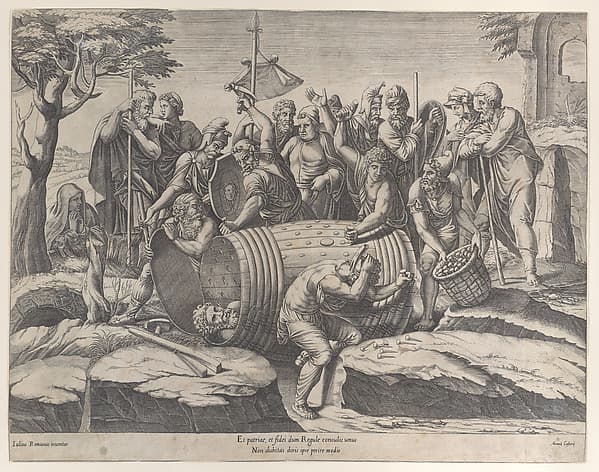 Marcus Atilius Regulus in a barrel while two men are hammering in the nails, various figures throughout, by Diana Scultori