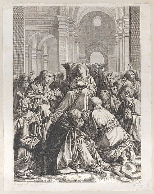 Death of the Virgin, lying on a chair at center, surrounded by Apostles, inside a temple, by Joseph Fischer