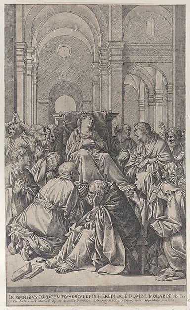 Death of the Virgin, lying on a chair at center, surrounded by Apostles, inside a temple, by Jean Le Clerc